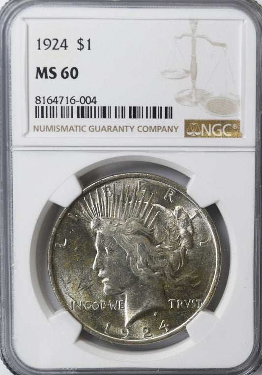1924 $1 Peace Silver One Dollar US NGC MS60 Philadelphia