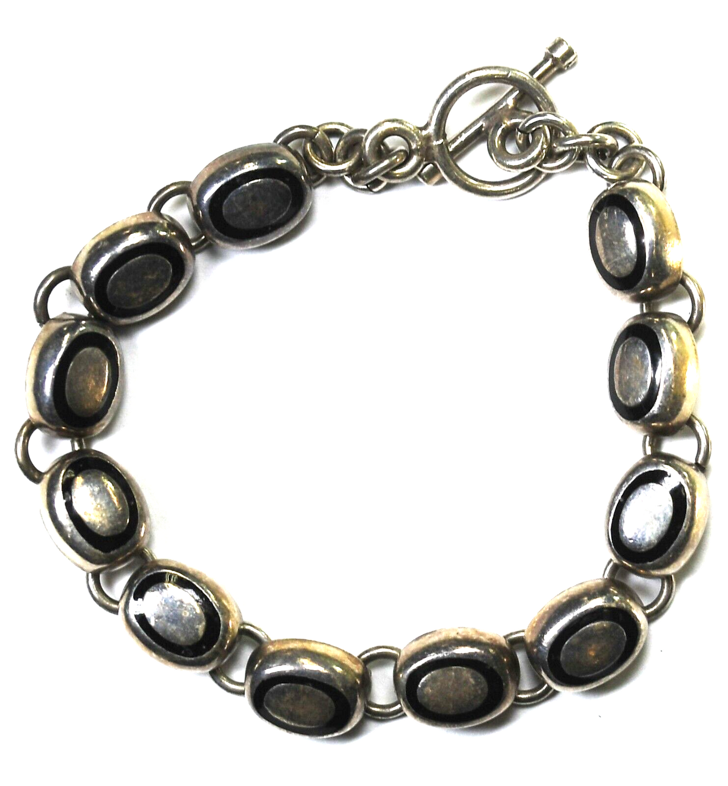 Sterling Silver Black Enamel Oval Link Toggle Bracelet 9mm 7-3/4"