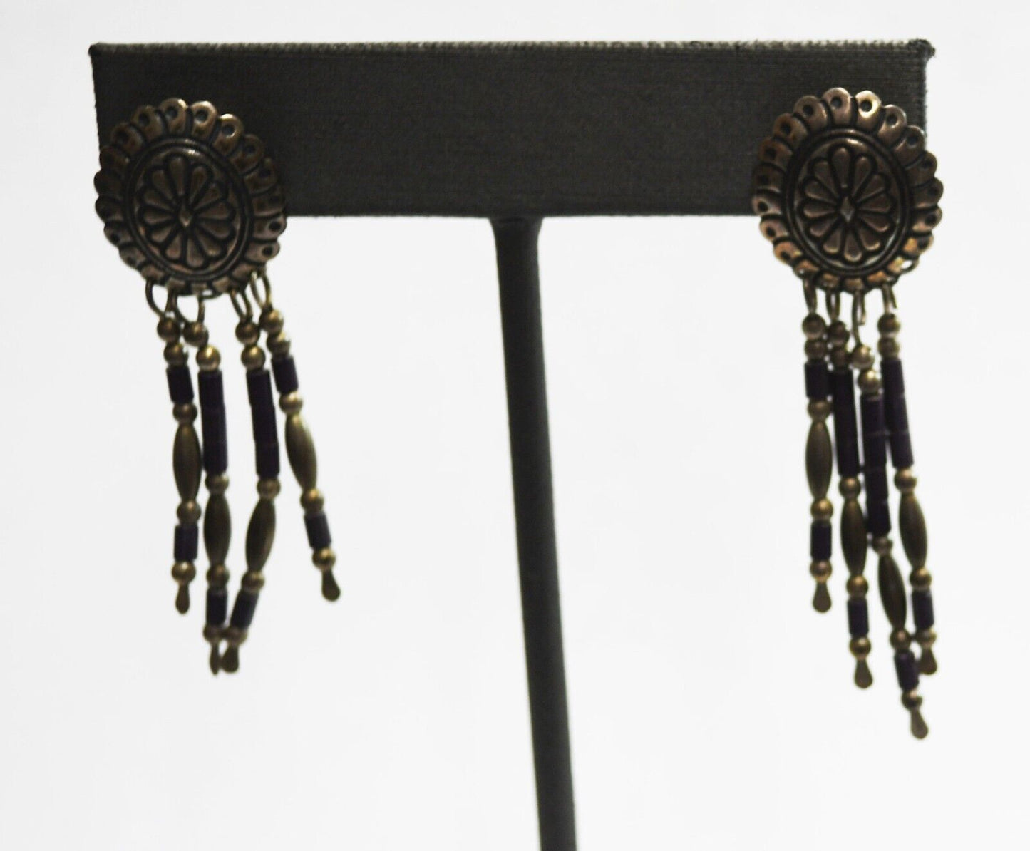 Sterling Silver Concho Purple Bead Dangle Earrings 47mm x 15mm