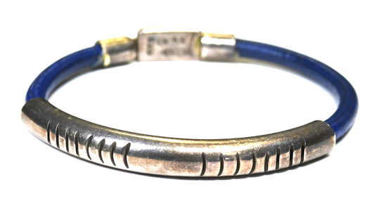 Sterling Silver Stripe Slider Blue Leather Bangle Bracelet 7mm 7" Wrist