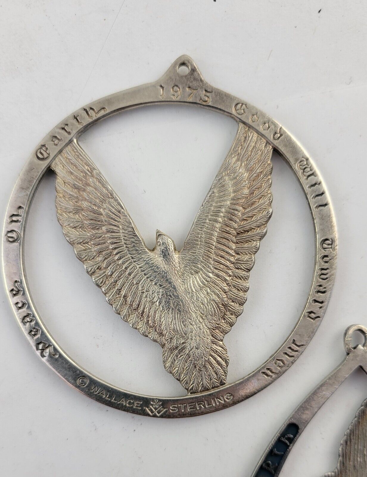 Vintage 1970s Wallace Sterling Silver Peace On Earth Ornaments 3.6oz. Doves 4pc.