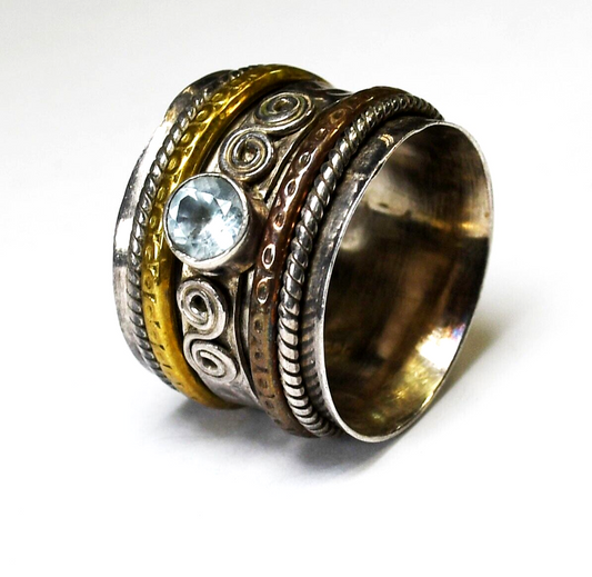 Sterling Silver Topaz Wide Two Tone 15mm Band Ring Size 8