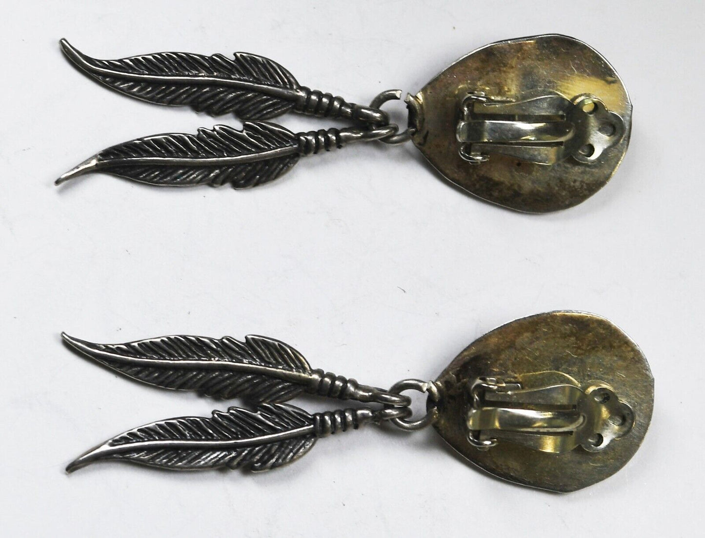 Sterling Turquoise Shadow Box Bear Claw Feather Dangle Earrings 17mm x 55mm