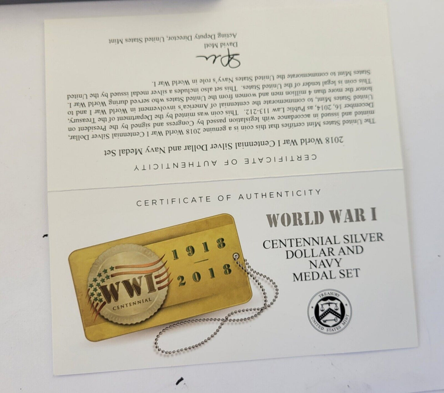 2018 World War I Centennial P Silver Dollar and Navy Medal Proof Set Boxed