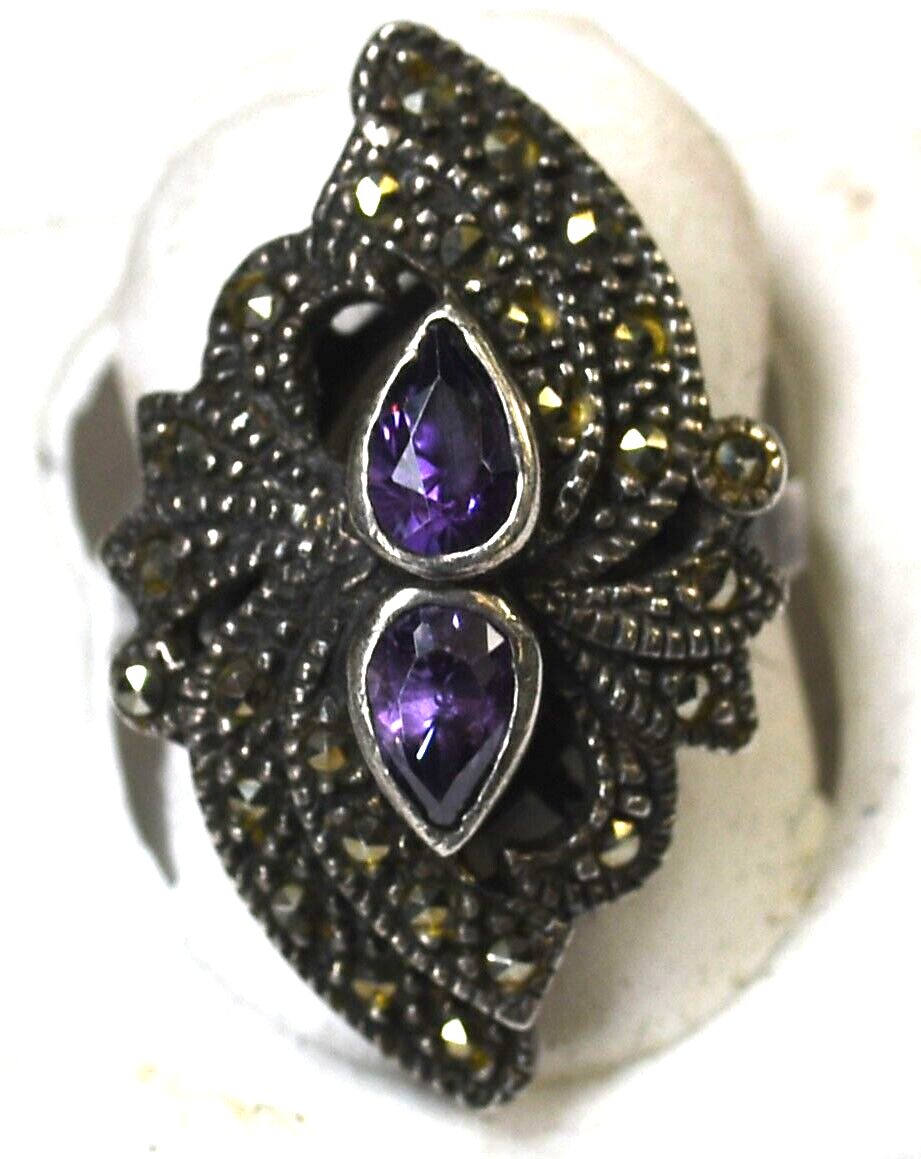 Sterling Silver Amethyst Marcasite Ring 29mm Size 6