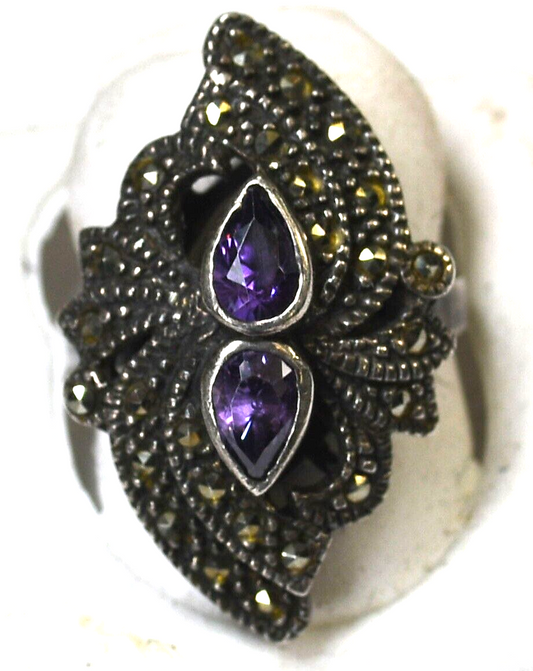 Sterling Silver Amethyst Marcasite Ring 29mm Size 6