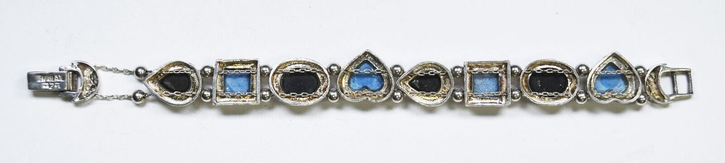 Sterling Heart Square Teardrop Onyx Double Chain Bead Slider Bracelet 14mm 7.5"
