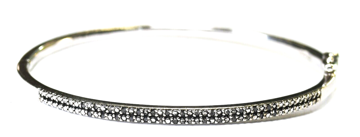 Sterling Silver SUN Black Diamond Oval Hinged Bangle Bracelet 3mm 6.75" Wrist