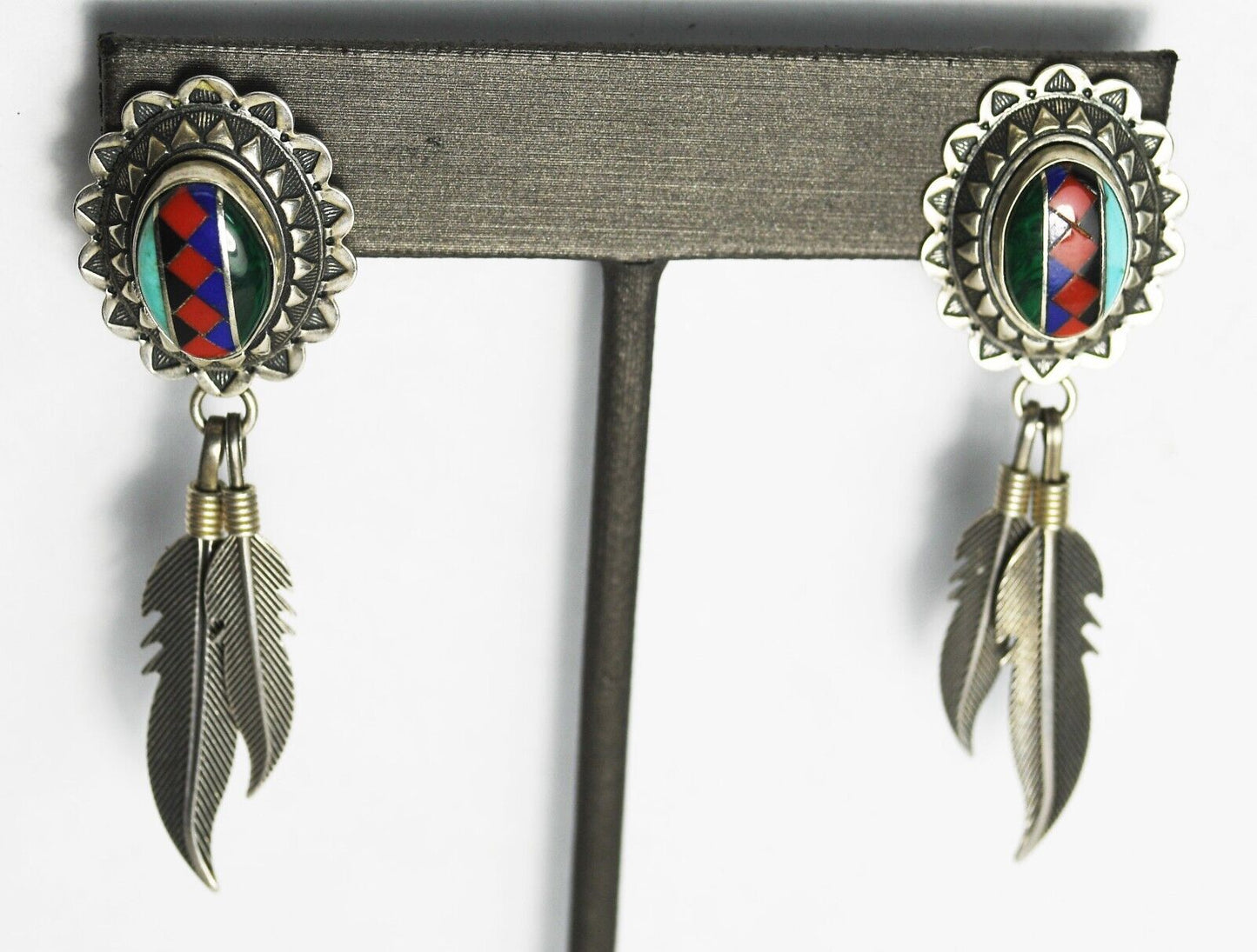 Sterling Turquoise Malachite Lapis Onyx Jasper Feather Earrings 55mm x 17mm
