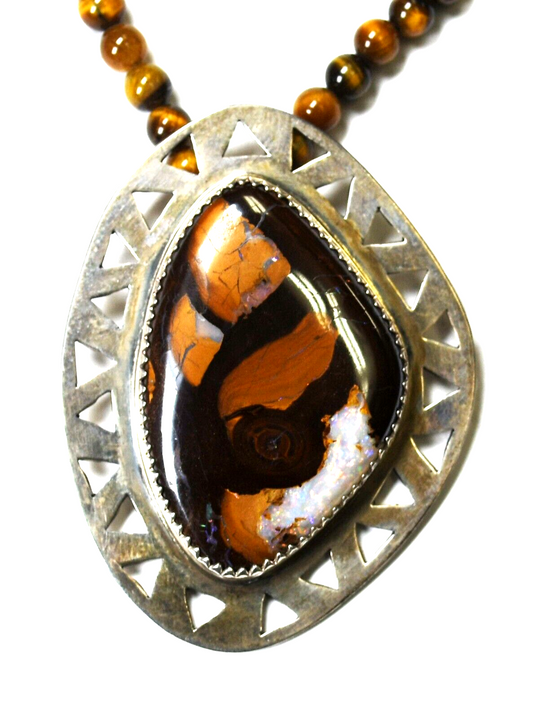 Sterling Silver NL Signed Tiger's Eye Opal 4mm Bead Necklace 21" 47mm Pendant