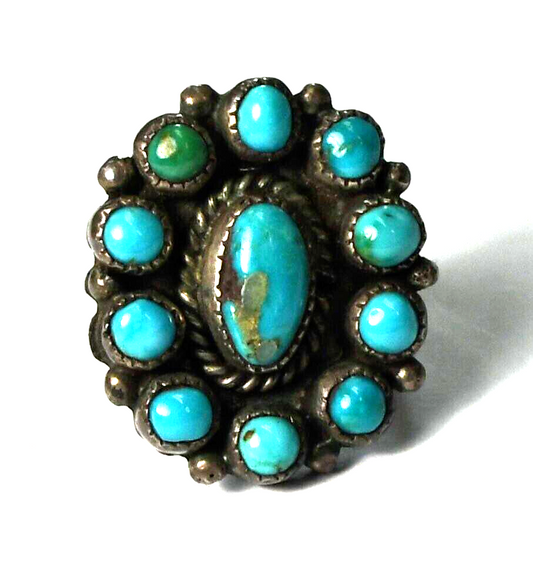 Sterling Silver Antique Turquoise Oval Cluster Halo Ring 22mm Size 5