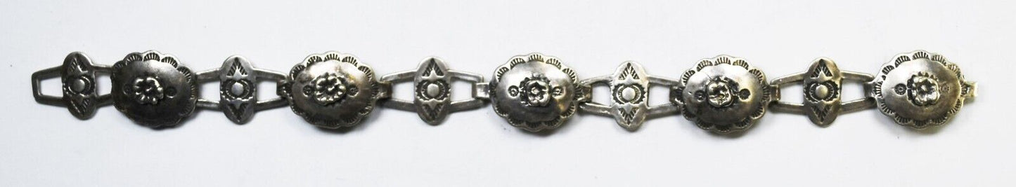 Sterling Antique Sand Cast Concho Etched Flower Bracelet 16mm 7-3/4"