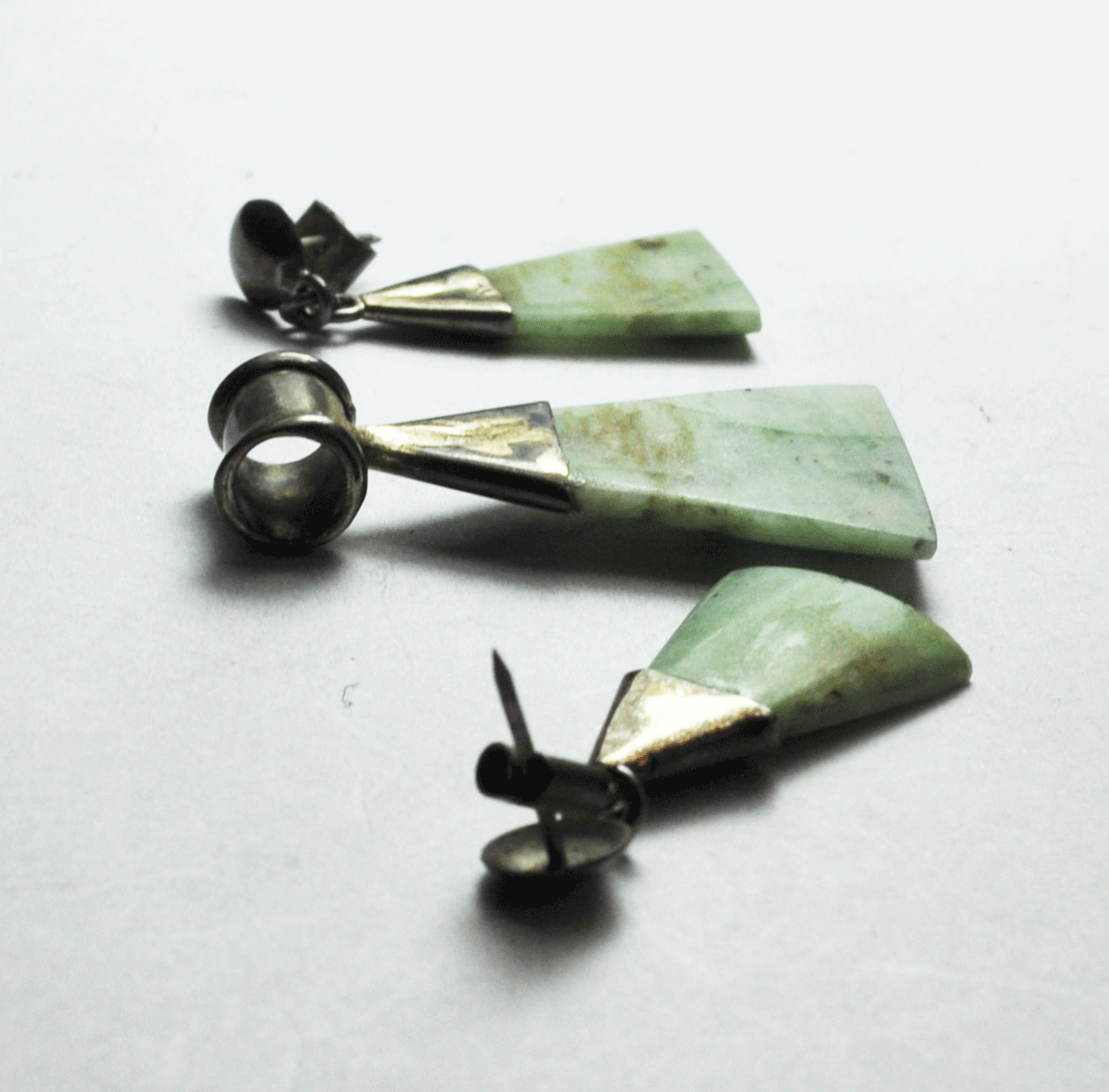 950 Silver Green Brown Jade Triangle Earrings & Slider 1-3/4" Pendant Set