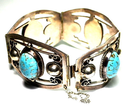 Sterling Robbins Egg Man Made Turquoise Filigree Bracelet 7.5" Safety Chain