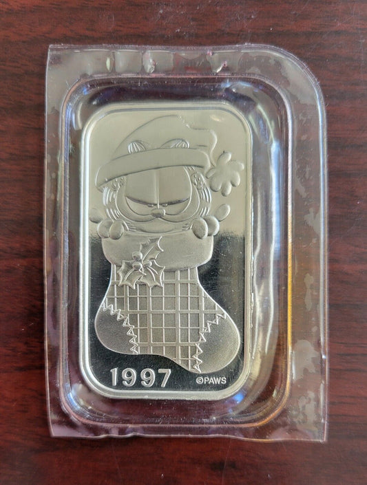 1997 Garfield Christmas Stocking. 999 Fine Silver Bar 1oz. From Paws