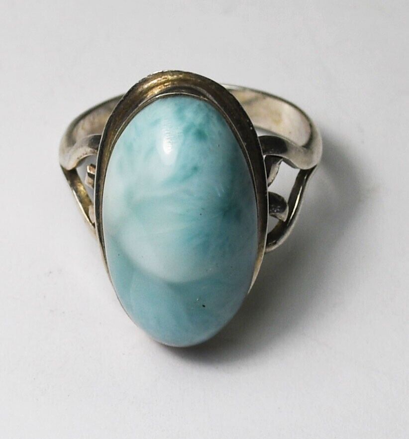 Sterling Silver Oval Larimar Solitaire Ring 22mm Size 8