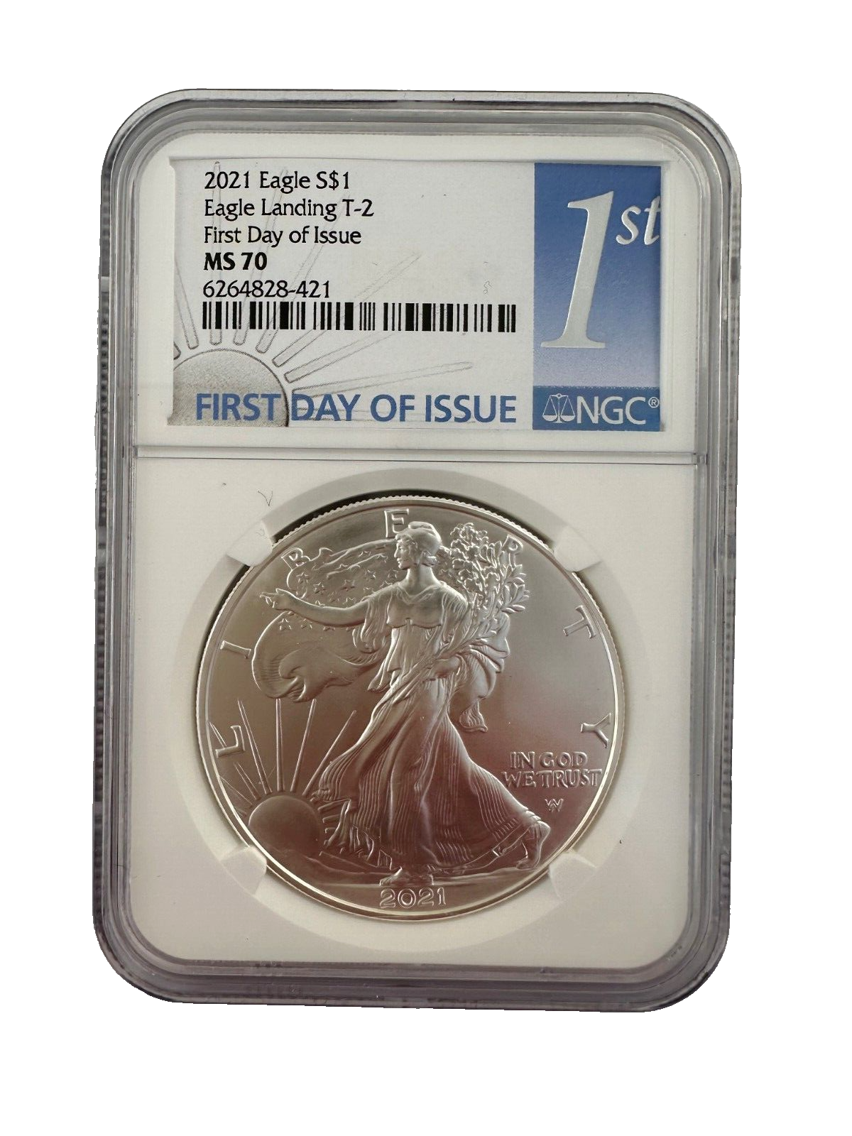 2021 W Silver Eagle $1 BURNISHED Landing T2 NGC MS70 First Day Of Issue 1st G