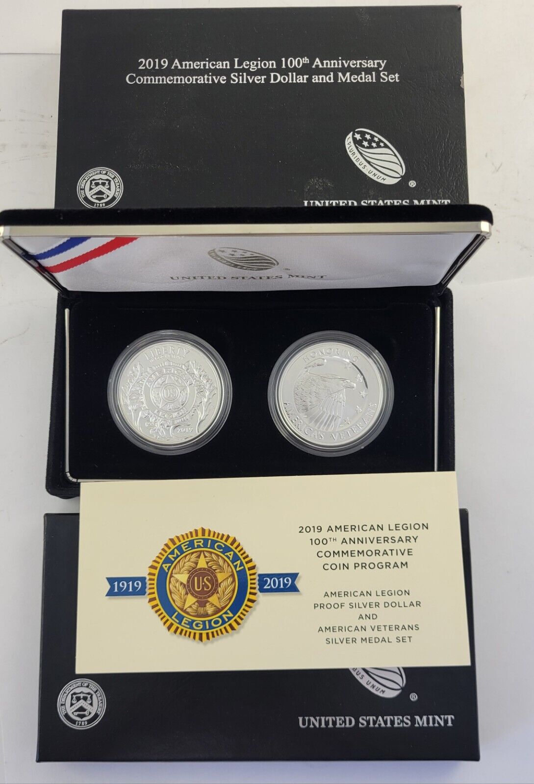2019 American Legion 100th Anniversary Silver Proof Dollar Medal Set w/COA Boxed