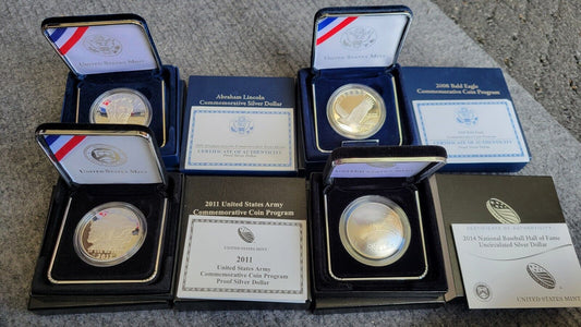 US Mint 2008, 09, 11, 14 Commemorative Silver $1 Eagle, Army, Lincoln,  Baseball