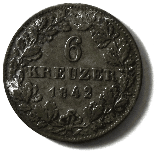 1842 German States Württemberg 6 Six Kreuzer KM# 572