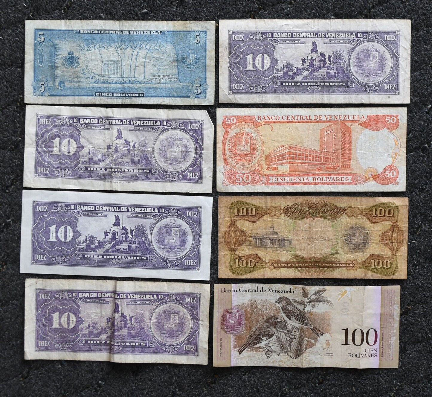 8- 1966 Venezuela 5 10 50 & 100 Bolivares Banknotes 1966-2012