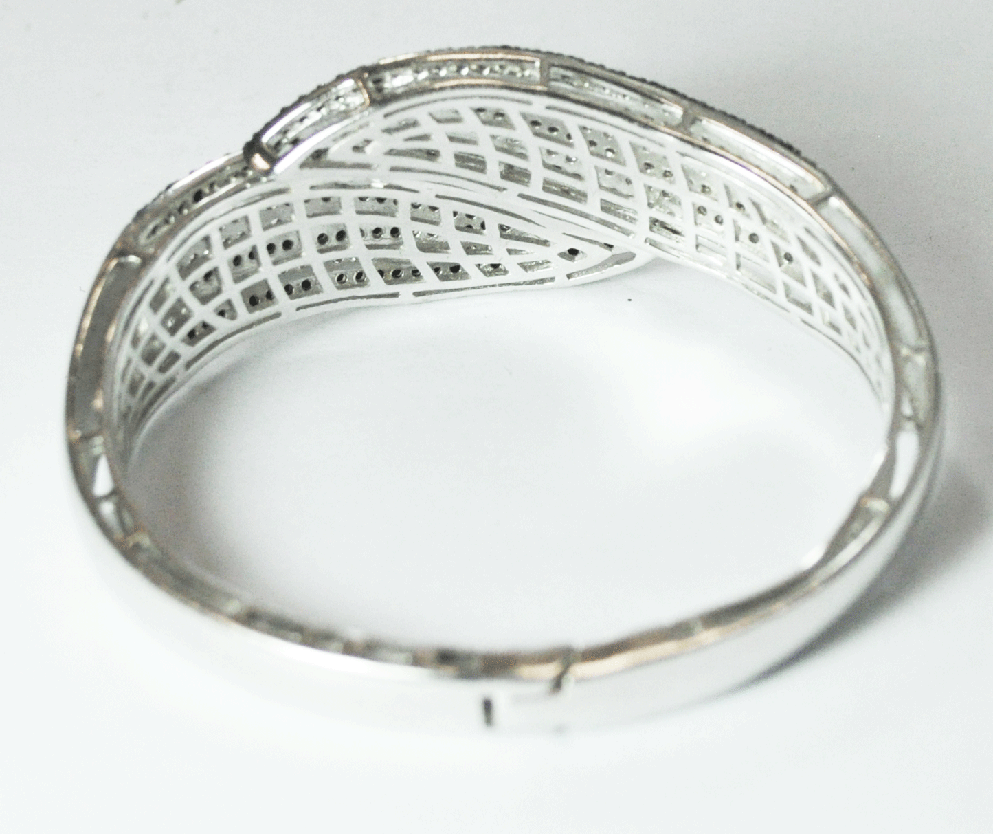 Sterling Thailand Black & Clear CZ Stripe Hinged Bangle Bracelet 30mm 7" Wrist