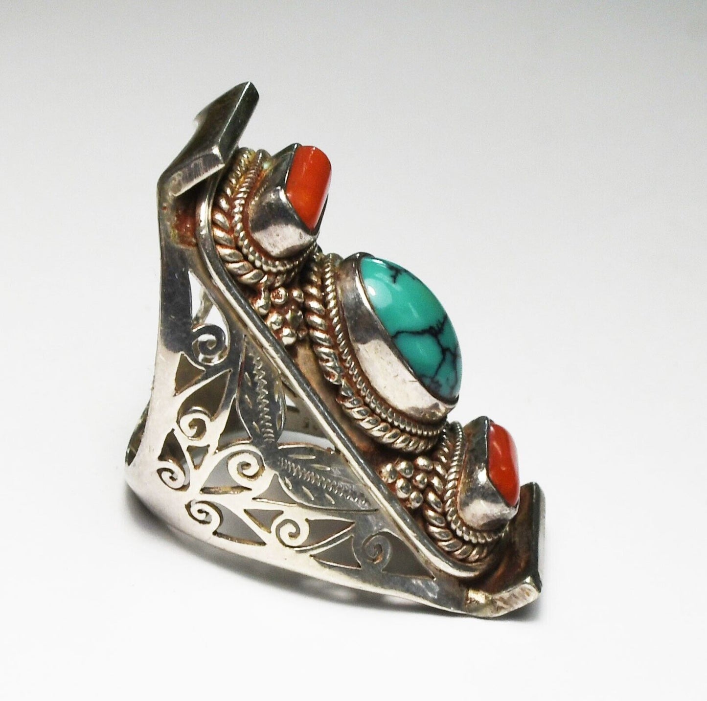 Sterling Turquoise Coral Elongated Filigree Ring 39mm Size 8