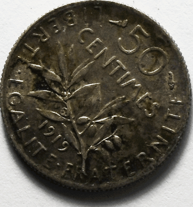 1919 France 50 Centimes Silver Coin KM# 854