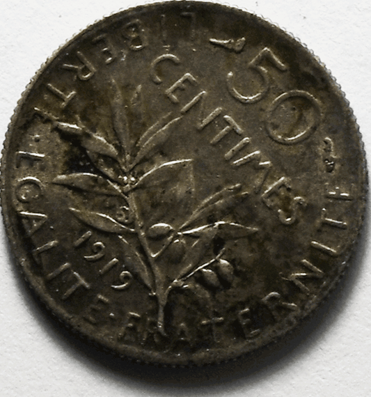 1919 France 50 Centimes Silver Coin KM# 854