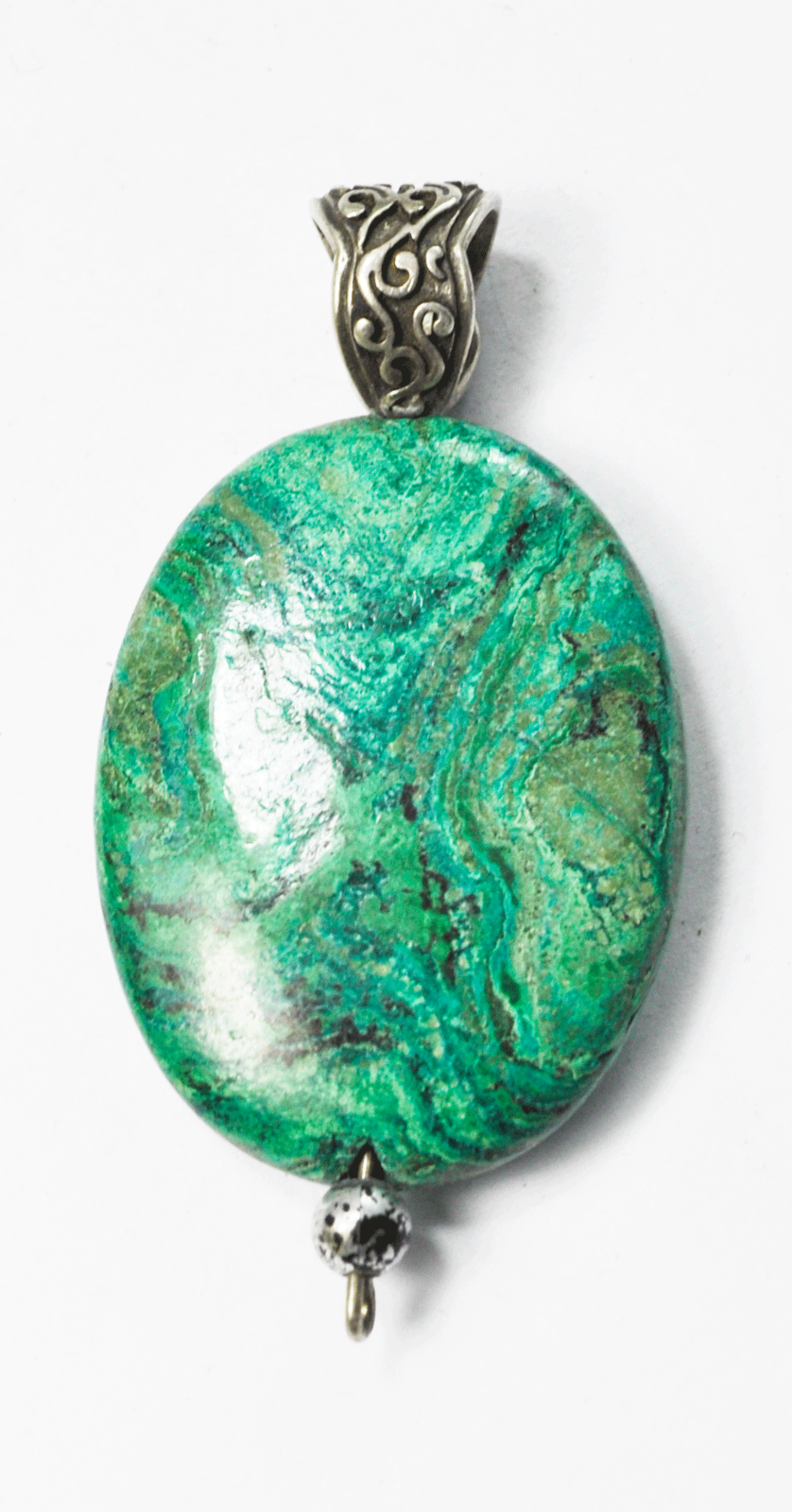 Sterling Silver Blue Green Chrysocolla Oval Pendant No Bezel Ornate Bail 2.25"