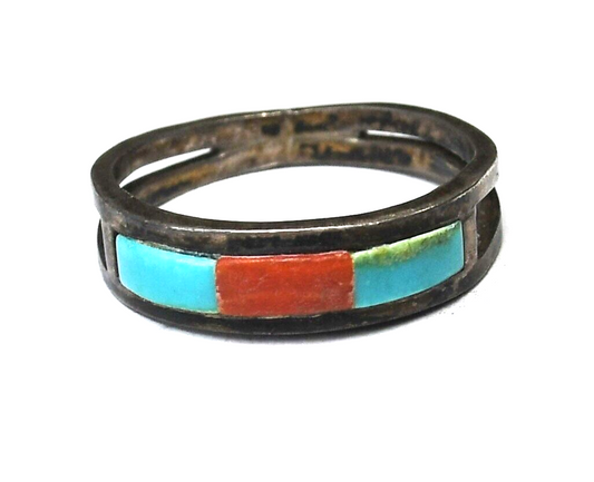 Vintage Sterling Silver Coral Turquoise Stripe Band Ring 5mm Size 6-1/2