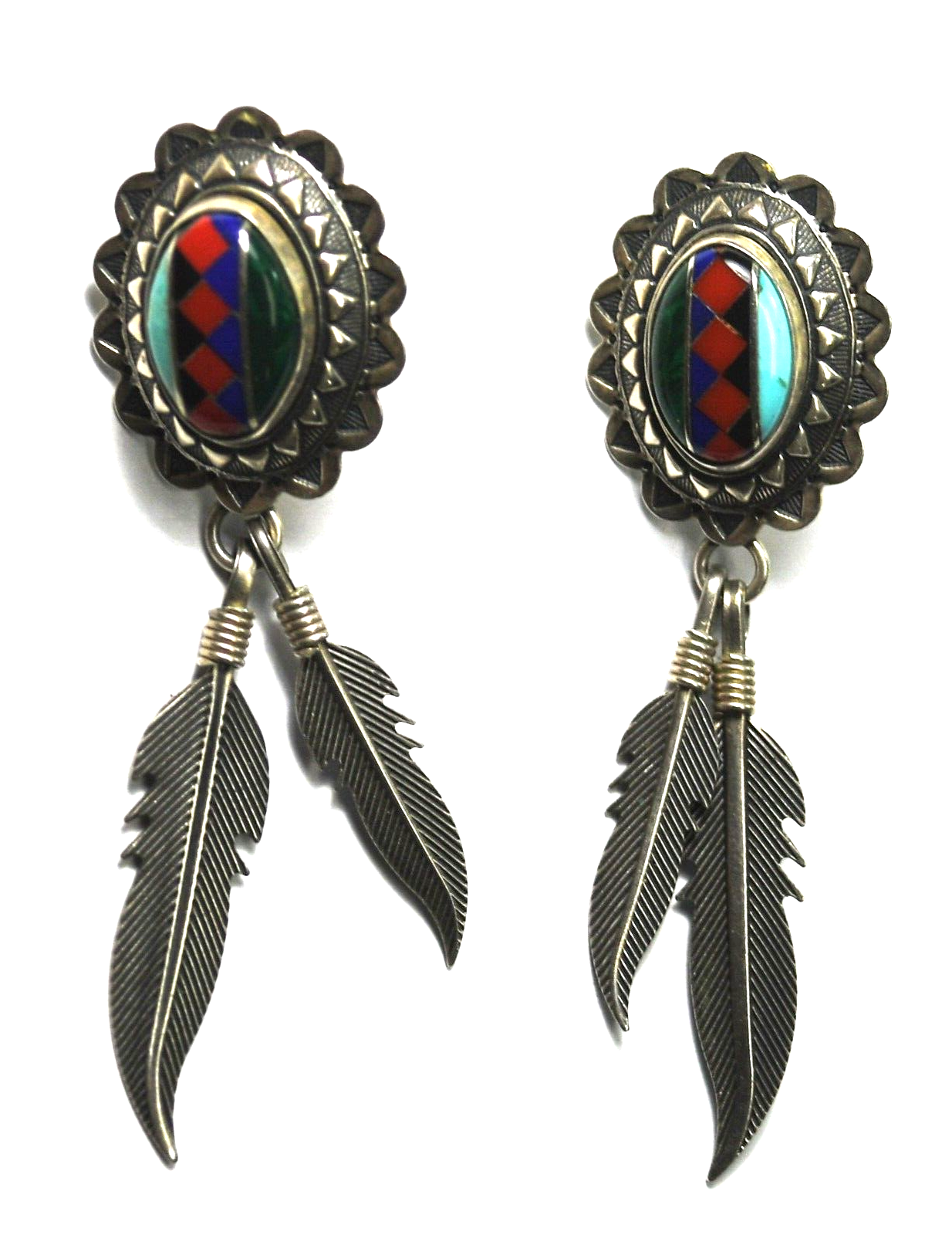 Sterling Turquoise Malachite Lapis Onyx Jasper Feather Earrings 55mm x 17mm