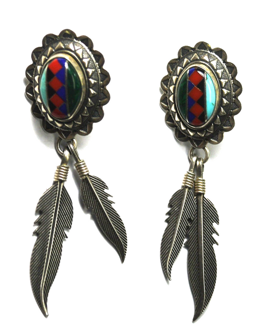 Sterling Turquoise Malachite Lapis Onyx Jasper Feather Earrings 55mm x 17mm