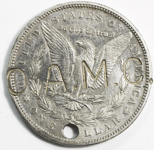 1889 $1 Morgan American Silver One Dollar US Coin Counterstamp O.A.M.C Holed