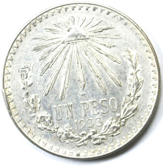 1933 Mexico Silver One Peso AU Coin KM#455