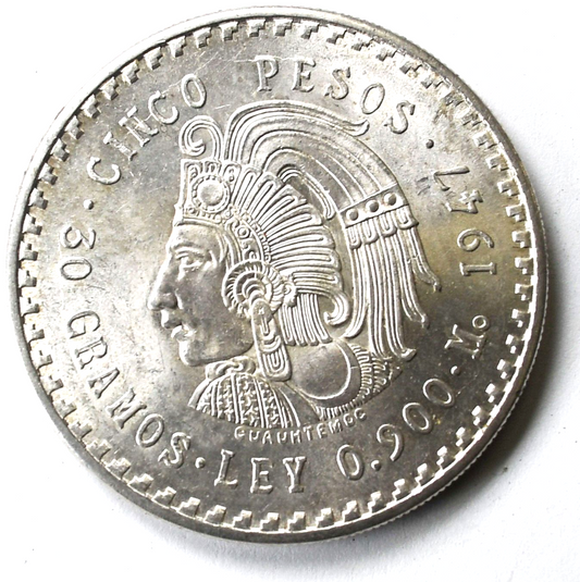 1947 Mexico Estados Unidos Mexicanos Five Pesos Silver Coin KM#465 Uncirculated