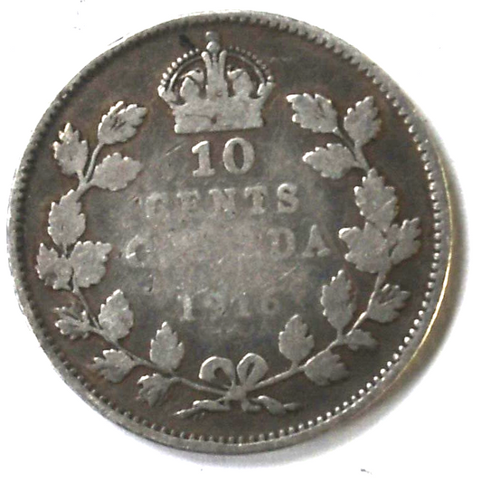 1916 Canada 10c Ten Cents Silver Coin Dime KM# 23