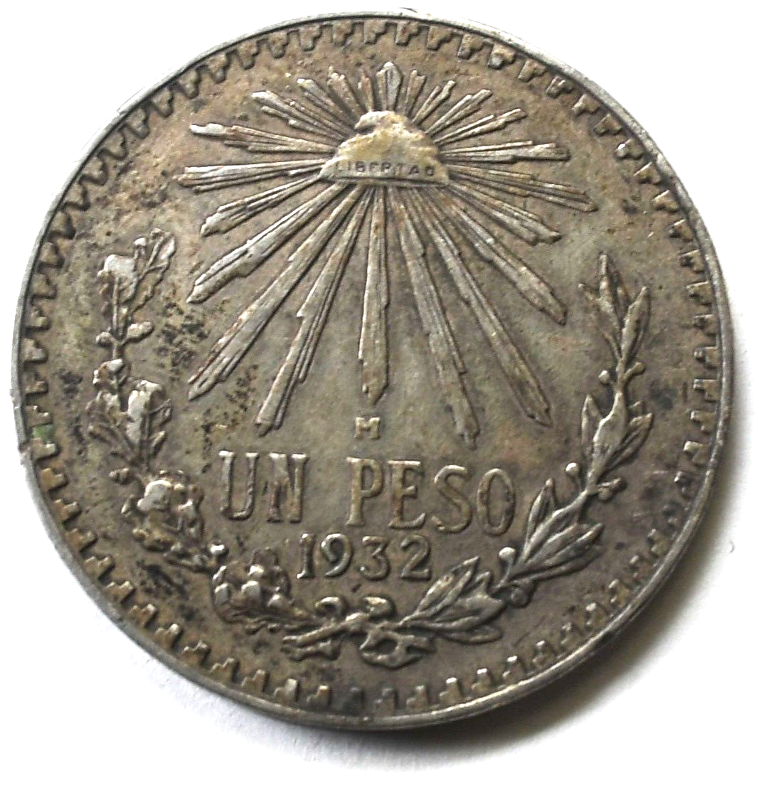 1932 Mexico Silver One Peso AU Coin KM#455