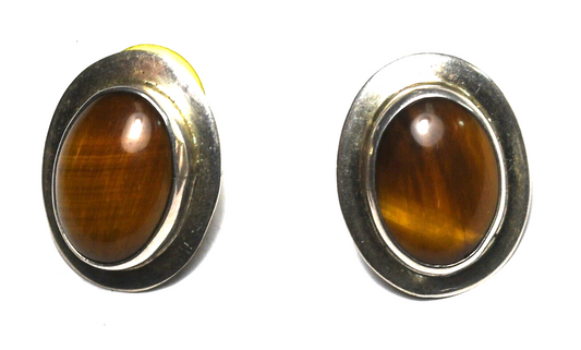 Sterling Silver Oval Tiger's Eye Oval Stud Earrings 25mm x 19mm