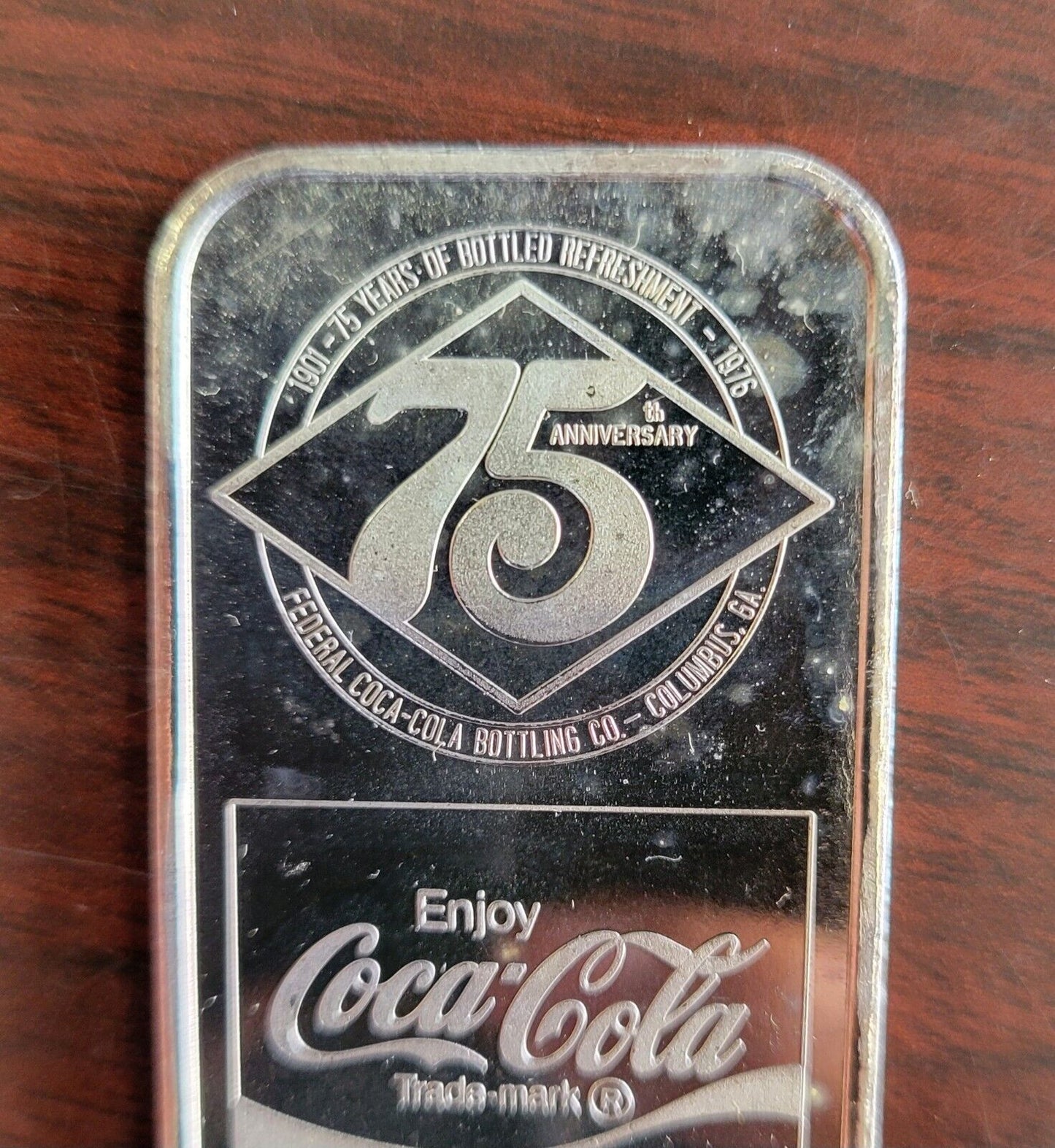 1976 Coca Cola 75th Anniversary Columbus Georgia .999 Fine Silver Art Bar 1oz.