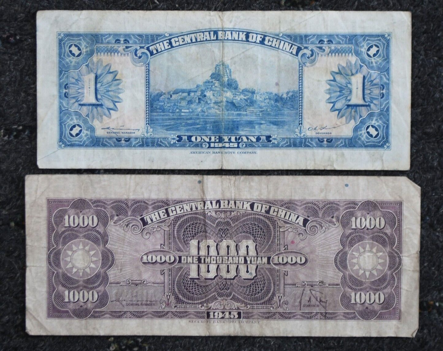 1945 Central Bank of China Notes 1 & 1,000 Yuan One & Thousand
