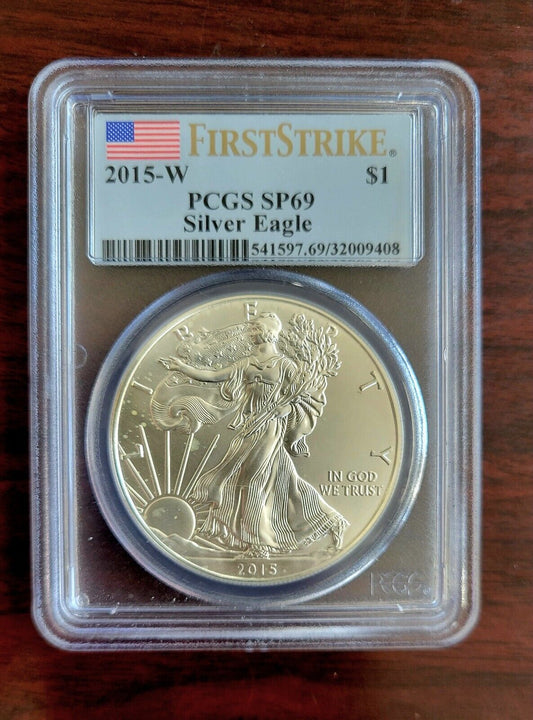 2015 W PCGS SP69 Silver Eagle $1 First Strike  .999 Fine Silver Flag Holder