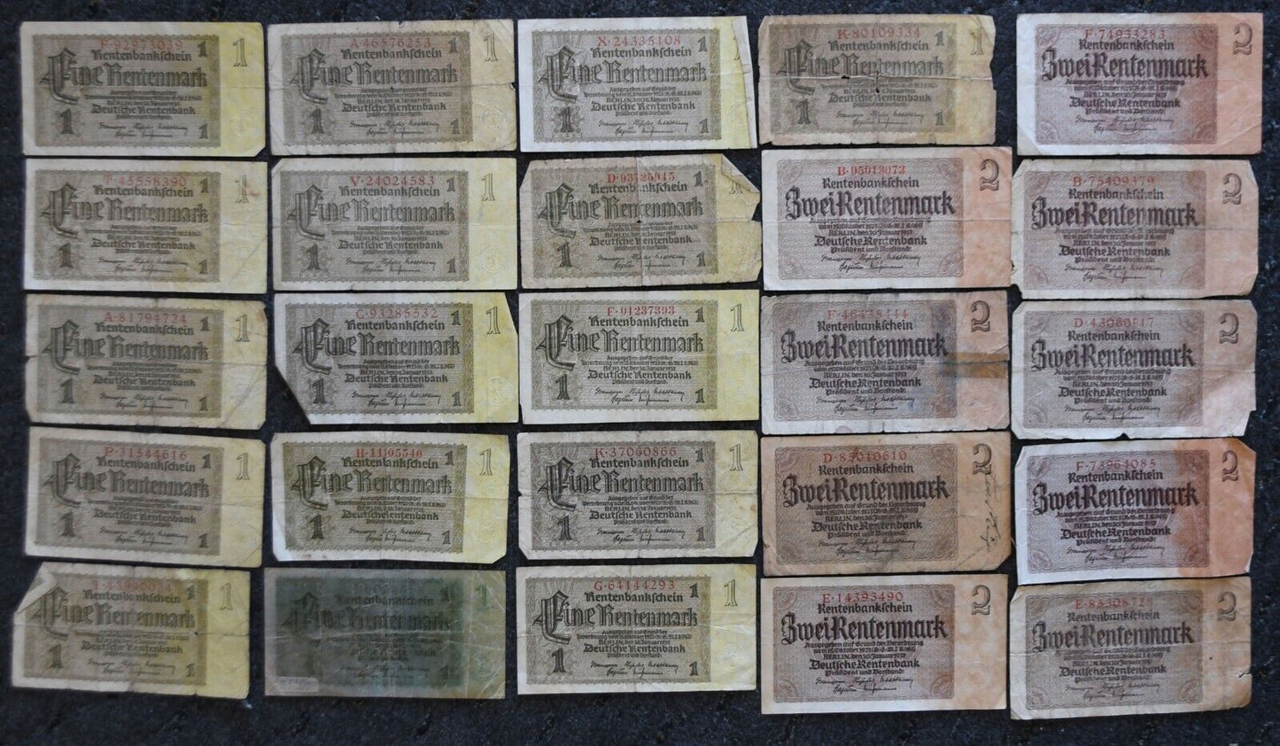 25- 1937 Germany 1 & 2 Rentenmark Notes Rentenbankfchein