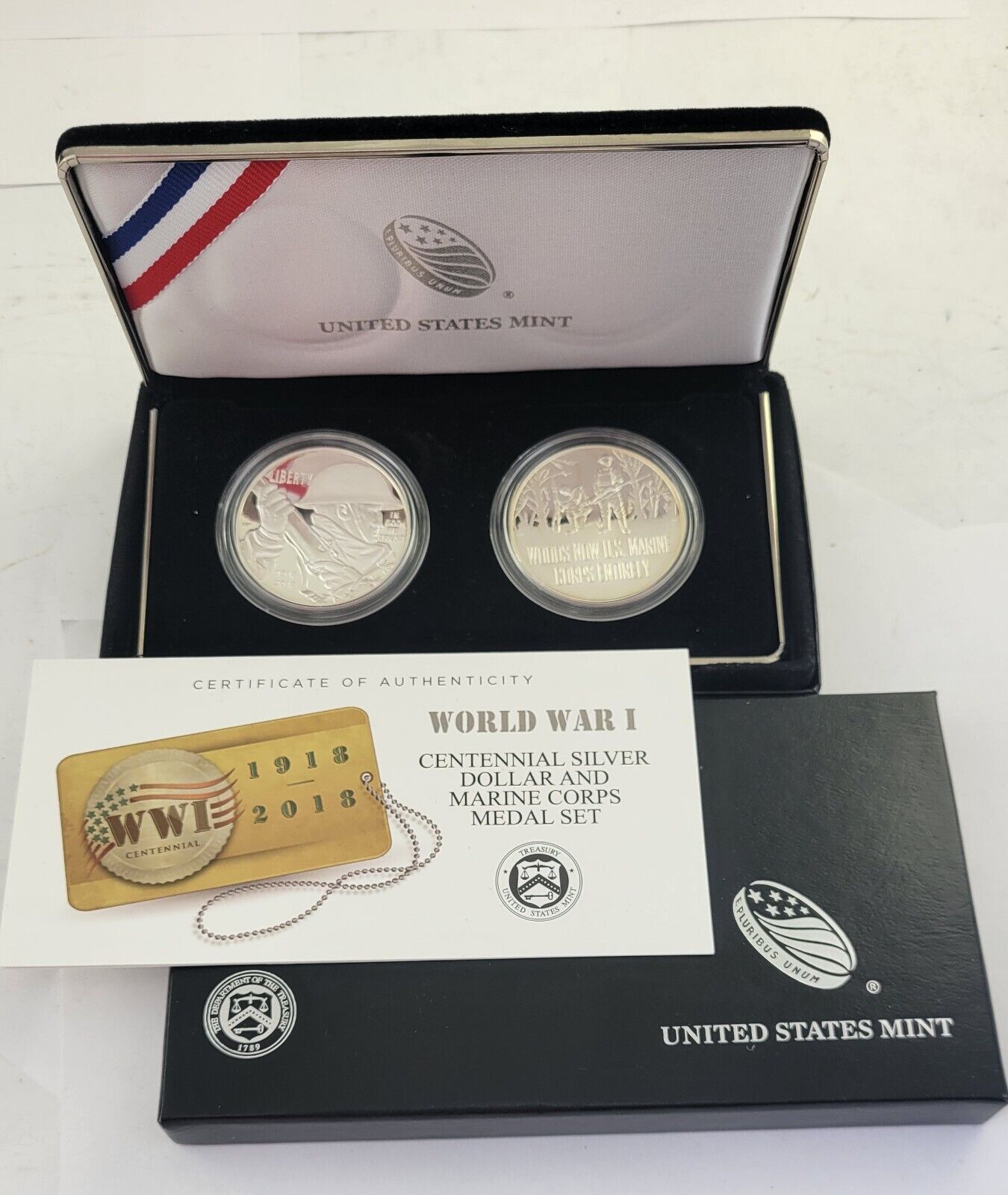 2018 World War I Centennial Silver Dollar and Marine Corps Medal Set w/COA Boxed