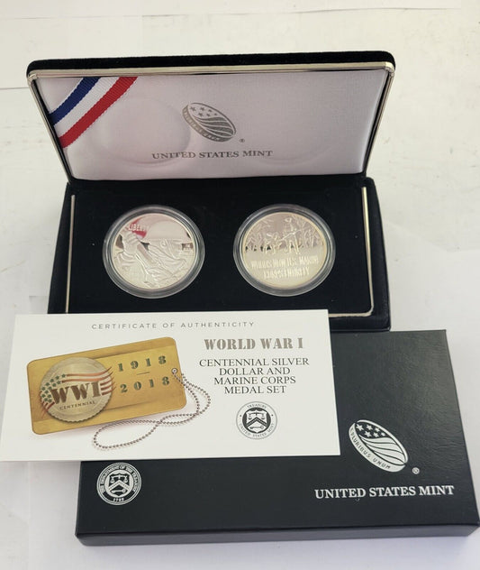 2018 World War I Centennial Silver Dollar and Marine Corps Medal Set w/COA Boxed
