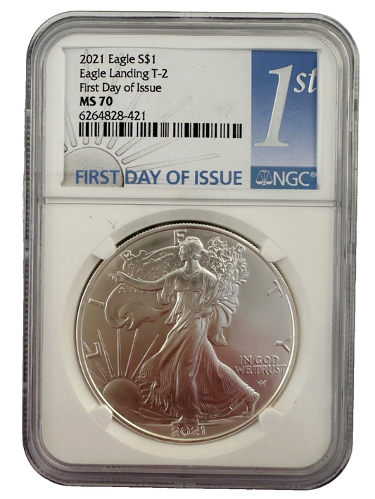 2021 W Silver Eagle $1 BURNISHED Landing T2 NGC MS70 First Day Of Issue 1st G