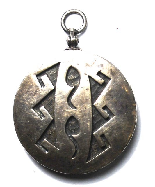Silver Plate Round Disc Double Sided Trible Pendant 37mm x 27mm