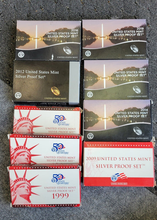 9 Set Lot Of US Mint Silver Proof Sets 1999, 2009, 2016, 2017, 2019, 2012, 2014