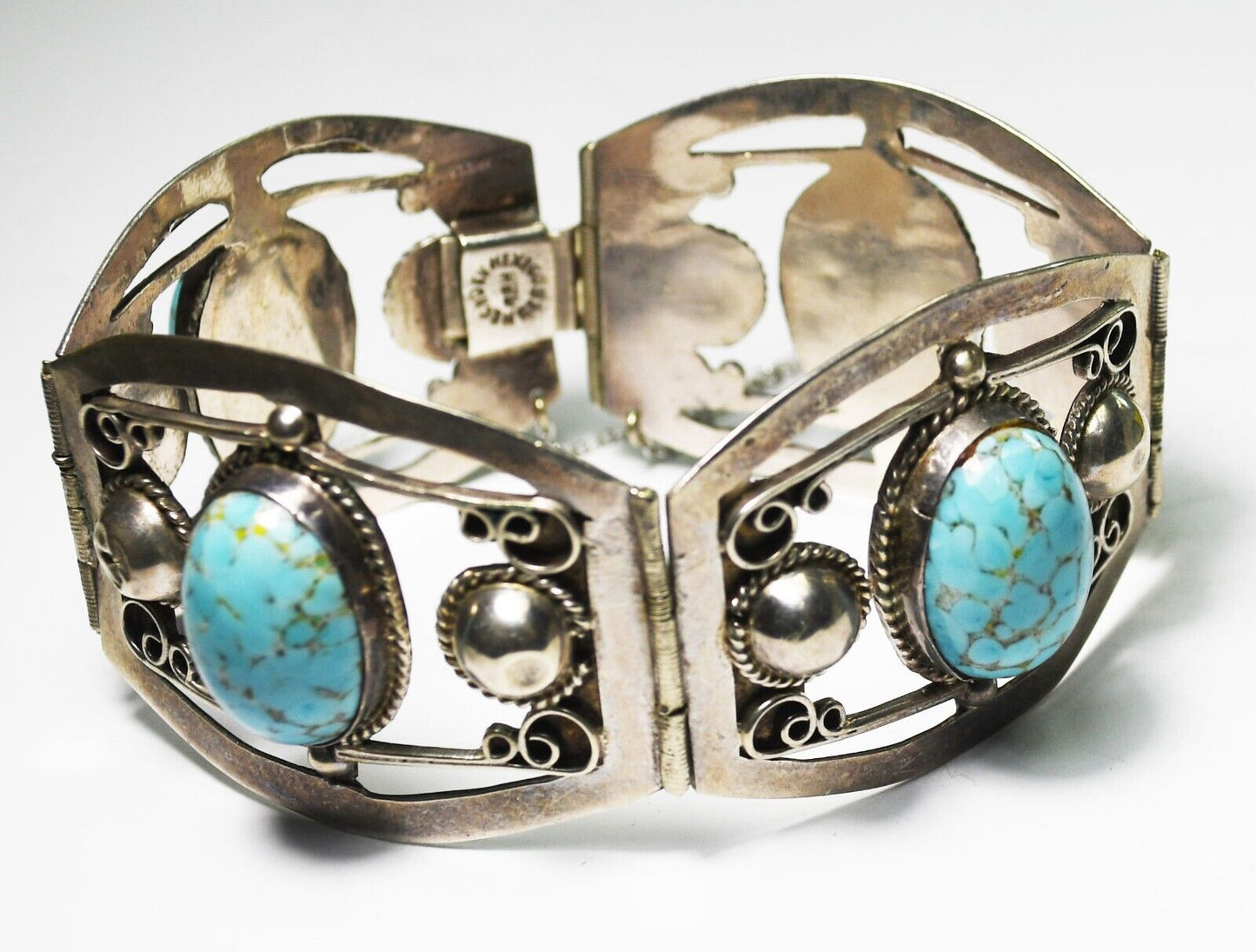 Sterling Robbins Egg Man Made Turquoise Filigree Bracelet 7.5" Safety Chain