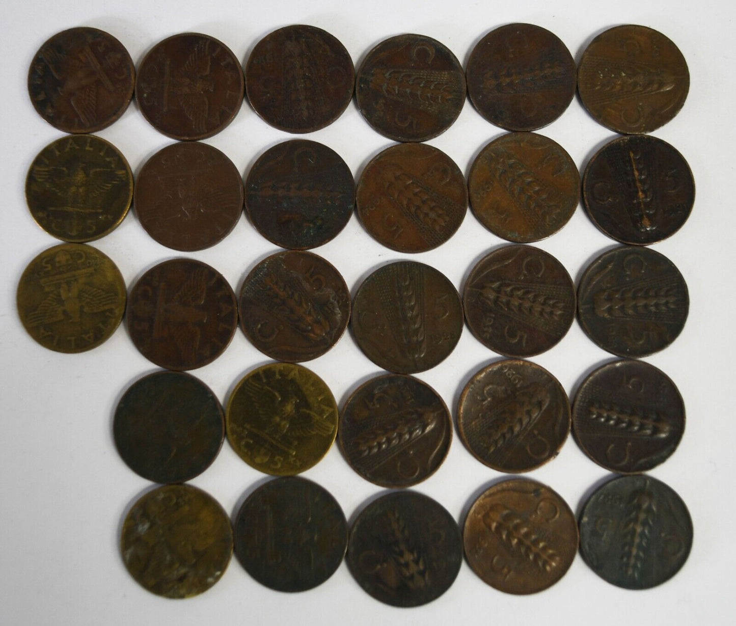 28pc Italy 5 Centesimi Copper Coins Lot 1920-1942